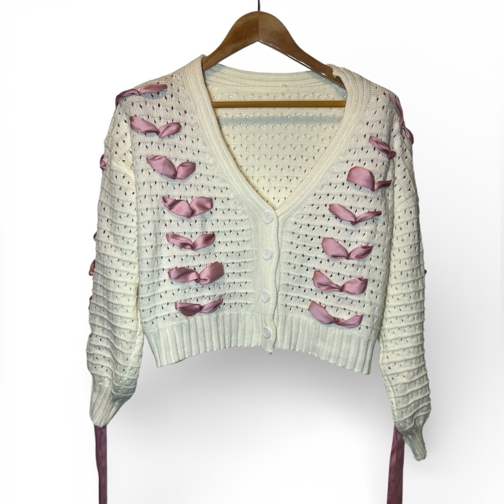 Ribbon Delight Sweater‎ Preppy Bow Cream Pink Cropped Cream Cottage Ballet Small